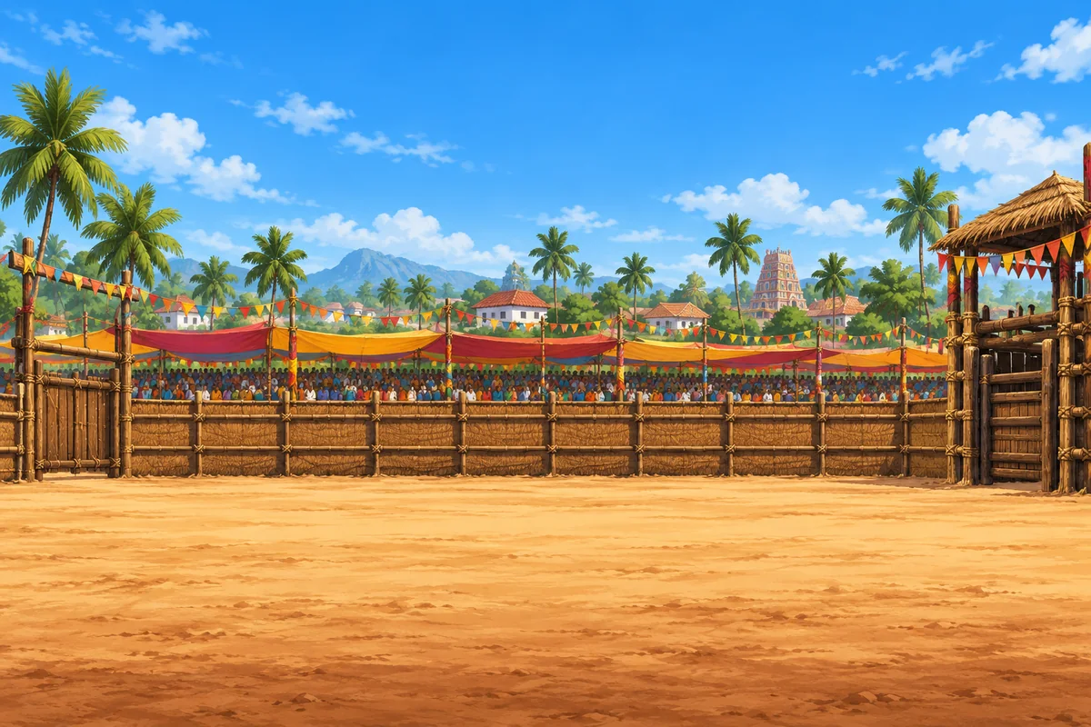 CatchBull concept art of a festive village arena with palm trees and spectators