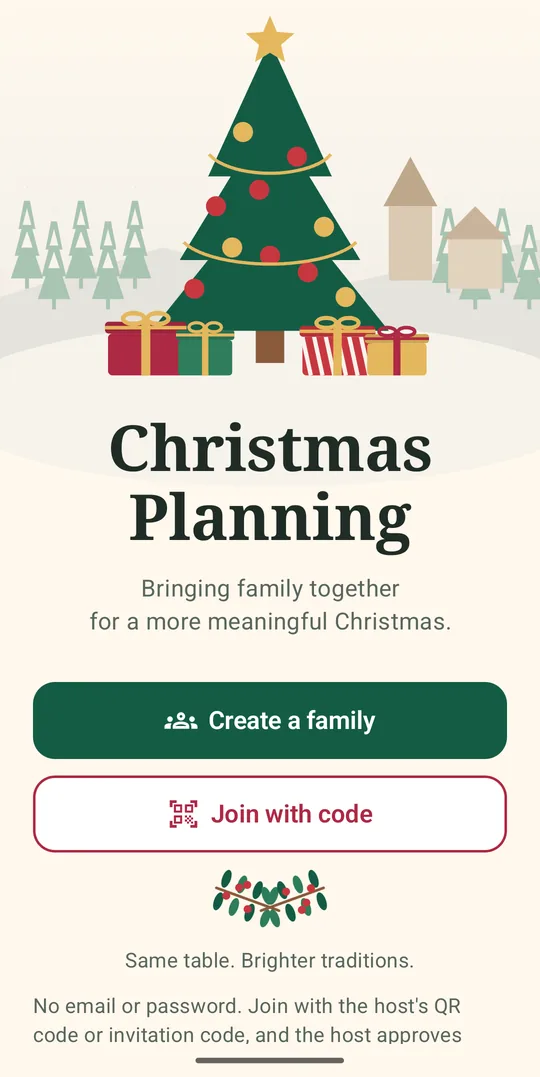 Christmas Planning welcome screen with a decorated tree