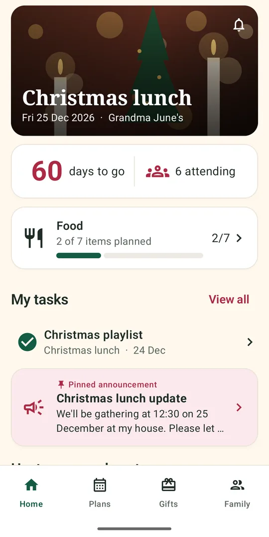 Christmas Planning event dashboard with countdown, food and tasks