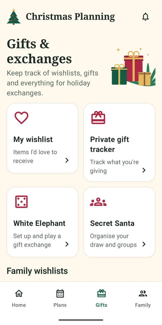 Christmas Planning gifts and exchanges screen