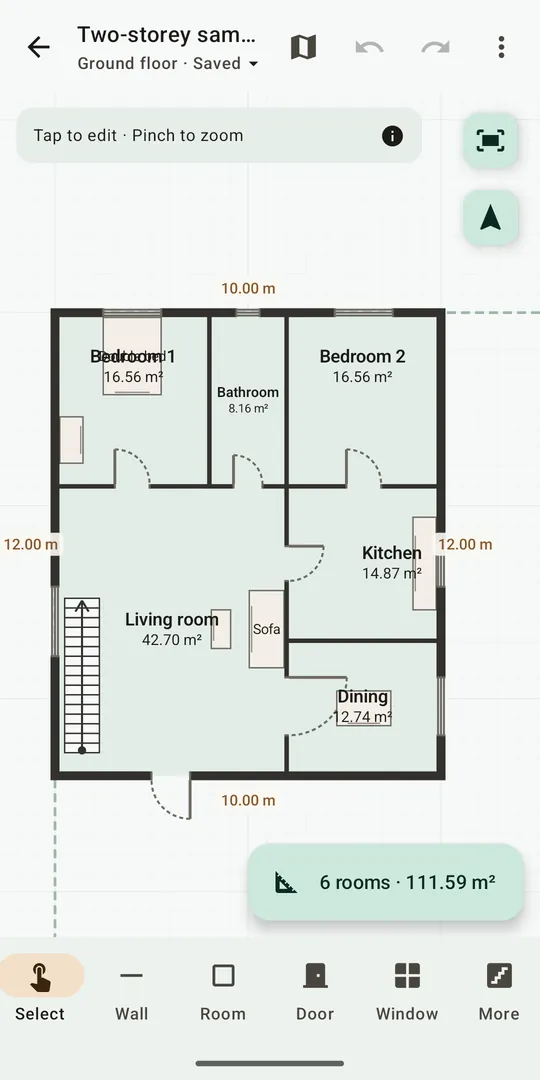 HomeWeave floor plan editor with rooms and their areas