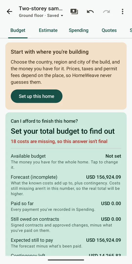 HomeWeave budget dashboard for the build