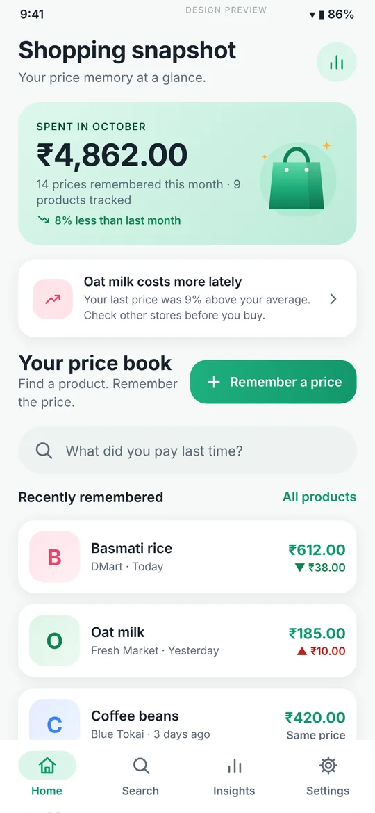 PriceRecall home screen showing a monthly spending snapshot and recently remembered prices