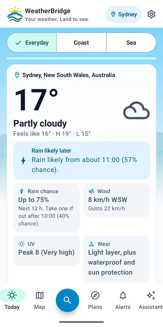 WeatherBridge Today screen with current weather, the next rain change, rain chance, wind, UV and what to wear