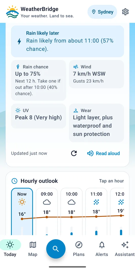 WeatherBridge hourly outlook with a temperature curve and rain chance for each hour