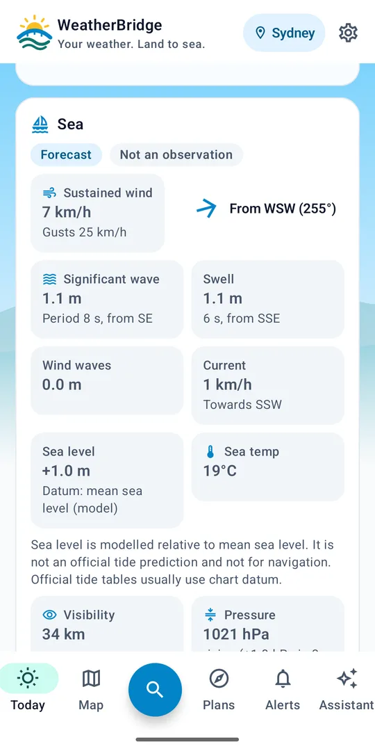 WeatherBridge Sea mode with wind, wave height, swell and currents