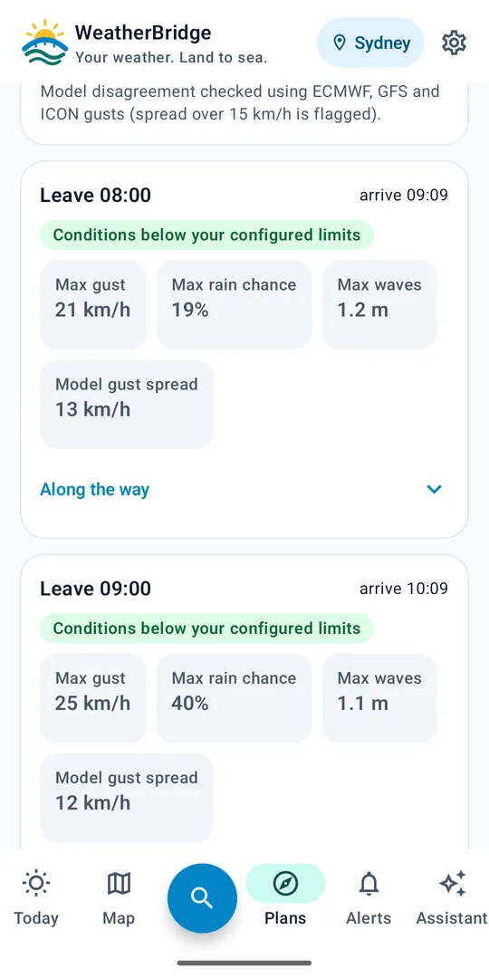 WeatherBridge departure planner comparing leaving times against configured limits