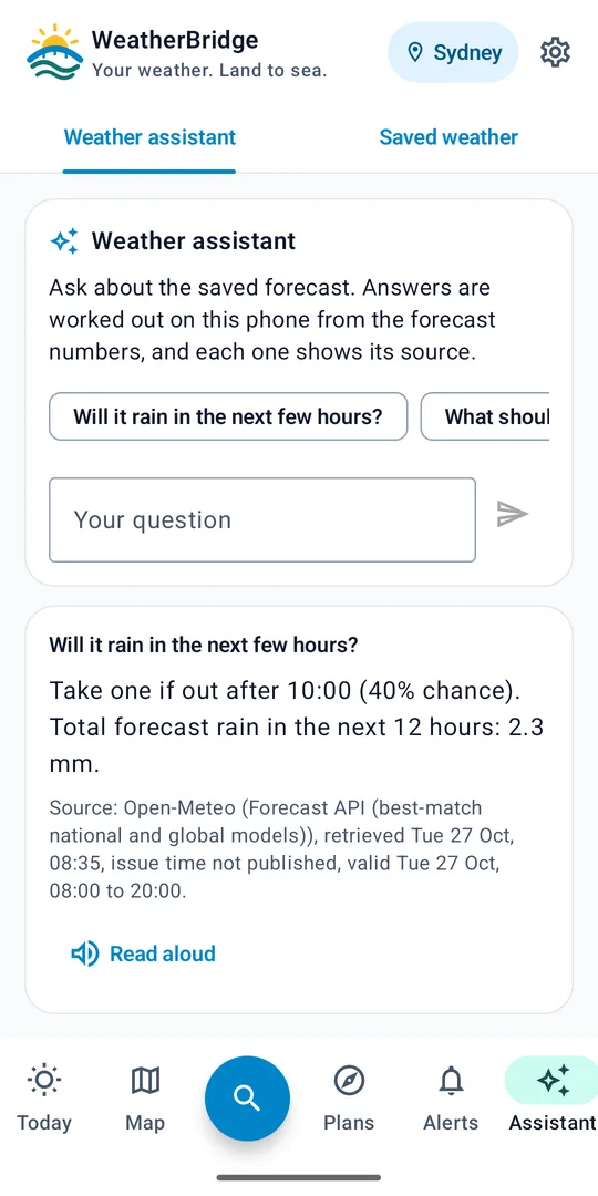 WeatherBridge weather assistant answering a rain question with its source