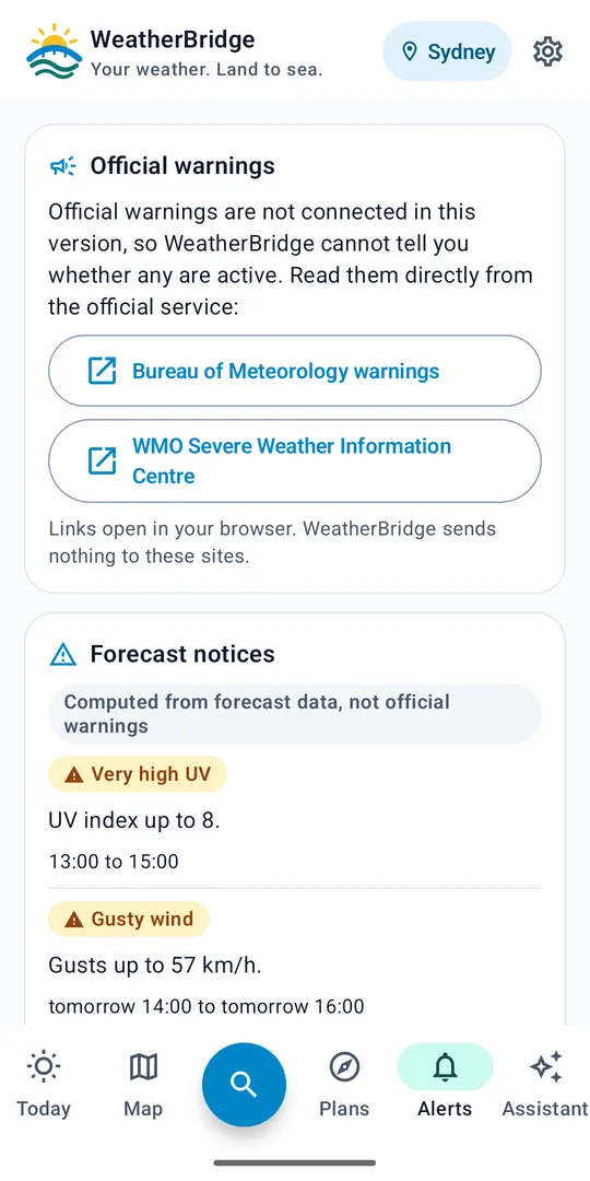 WeatherBridge alerts with links to official warnings and forecast notices