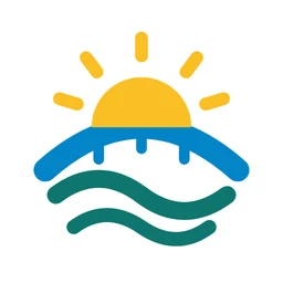 WeatherBridge app icon: a sun rising over a blue bridge arch and teal waves